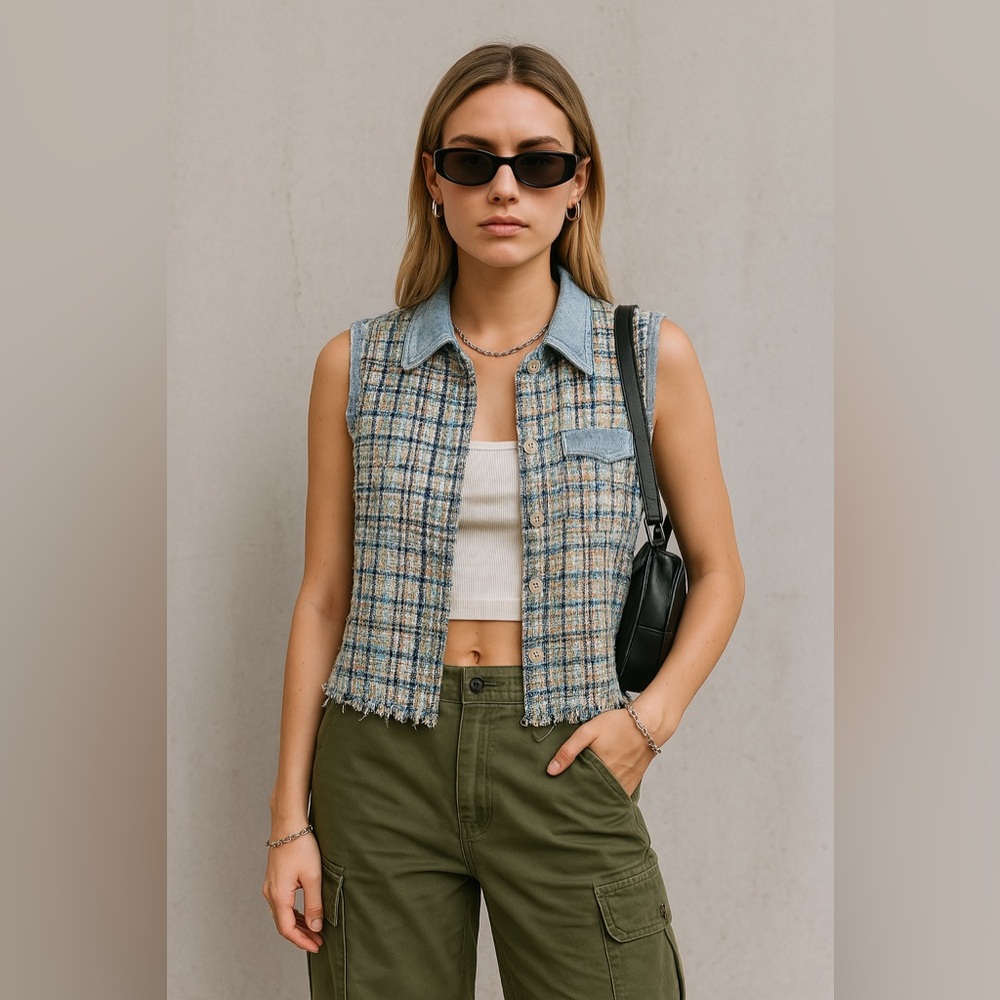 Mystree Tweed Sleeveless Vest NWT Boho Chic Cottagecore Raw Hem Button-Up Top S - Picture 14 of 14